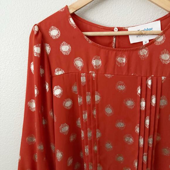 ALICE BLUE x STITCHFIX | Orange Pleated Gold Polka Dots Chiffon Blouse | Medium - Picture 2 of 7